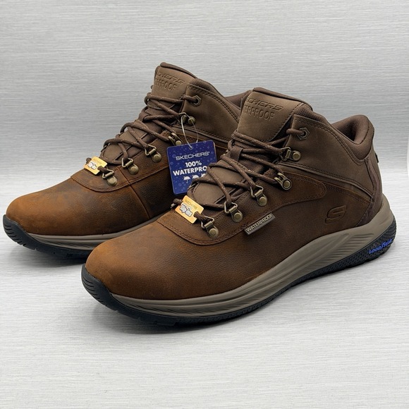 Skechers Boots Men's 8 Brown Leather Slip Ins Waterproof Hiking Comfort 205285